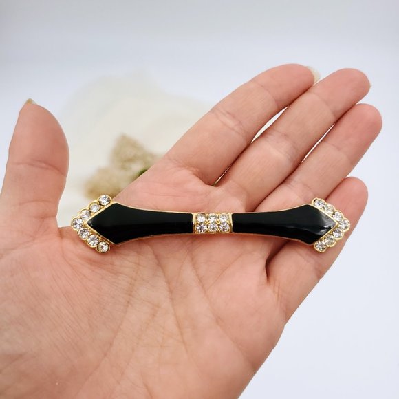 Vintage Art Deco Style Black Enamel Brooch, Rhinestone Collar Bar Pin - Picture 7 of 7